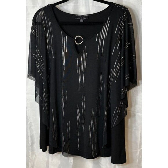 Corvia Top Women’s 1X BLK Sleeveless Metallic Flowy Cape Keyhole Party Blouse - Picture 3 of 13